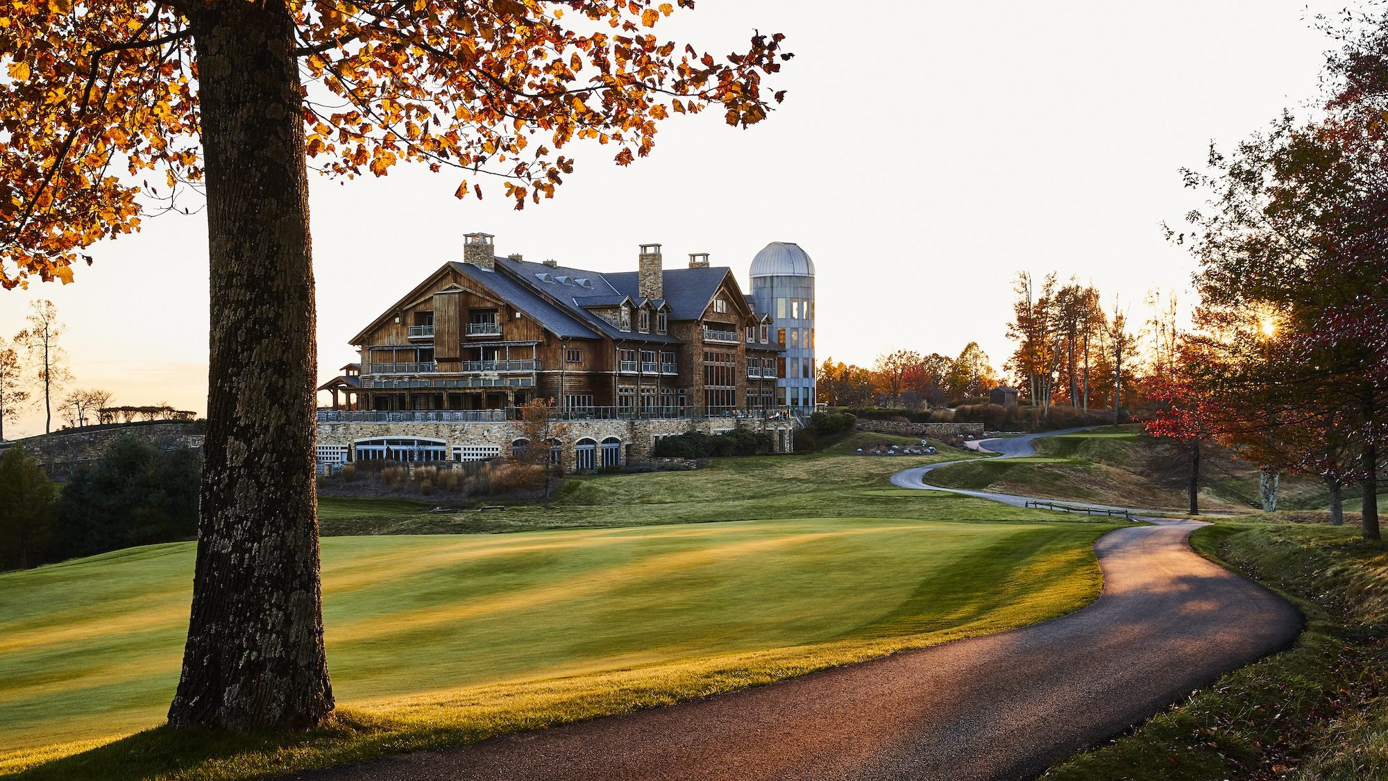 The Lodge at Primland in autumn, with its observatory dome, above the Highland Course