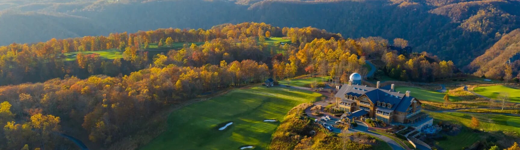 Aerial view of the Lodge at Primland and the Blue Ridge Mountains in autumn